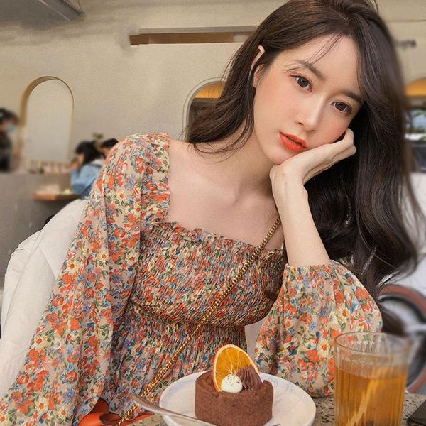 

women's blouses & shirts summer women floral print square collar shirt sweet long sleeves chiffon blouse top, White