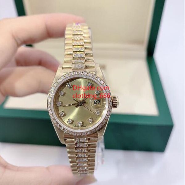 Orologio classico da donna Diamond 69178 26mm Grande lente d'ingrandimento Quadrante in oro Meccanico con zaffiro a specchio Bracciale in acciaio Orologio da donna di lusso impermeabile