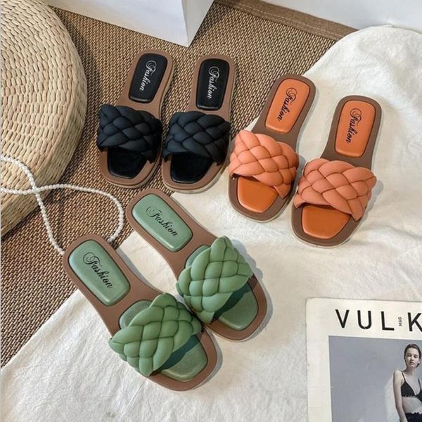 

slippers woman sandals braided leather designer luxury flip flop women ladies summer shoes sandalias 2021, Black