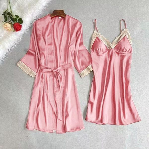 

women's sleepwear bride wedding 2pcs robe set satin lace kimono gown suit lady summer thin loose simplicity deep v-neck bathrobe, Black;red