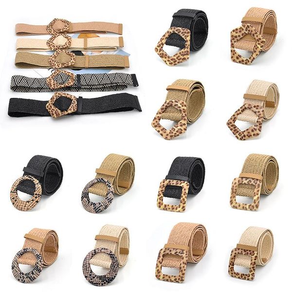 

belts fashion vintage boho braided waist belt summer linen weave wooden smooth leopard buckle fake straw waistband for women, Black;brown