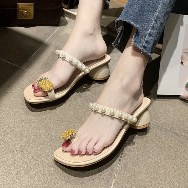 

slippers lucyever fruit clip toe women summer fashion pearl strap chunky heel slides woman sweet outdoor flip flops sandals dg8o, Black