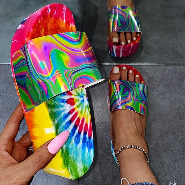 

thick-soled color printed sandals and slippers, outsole flat-soled beach shoes, in-line ladies slippers, Black