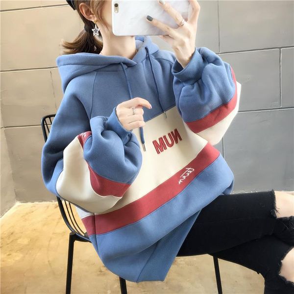 

women's hoodies & sweatshirts color block drawstring hoodie for lady contrast patchwork sweatshirt women pullover vintage embroidery lo, Black