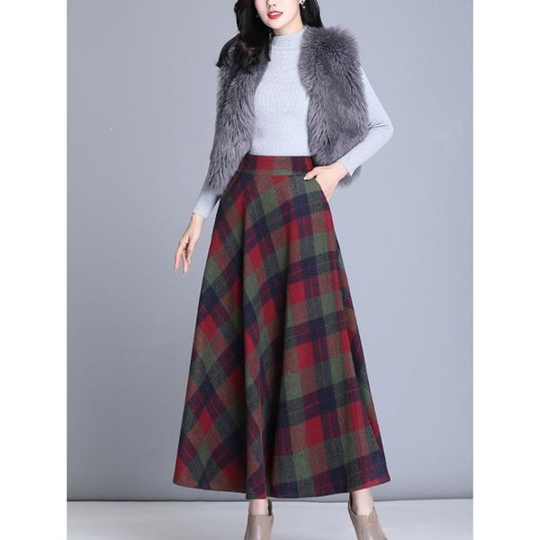 

skirts high waist pocket 2021 spring long skirt women streetwear zipper elastic woolen style vintage plaid, Black