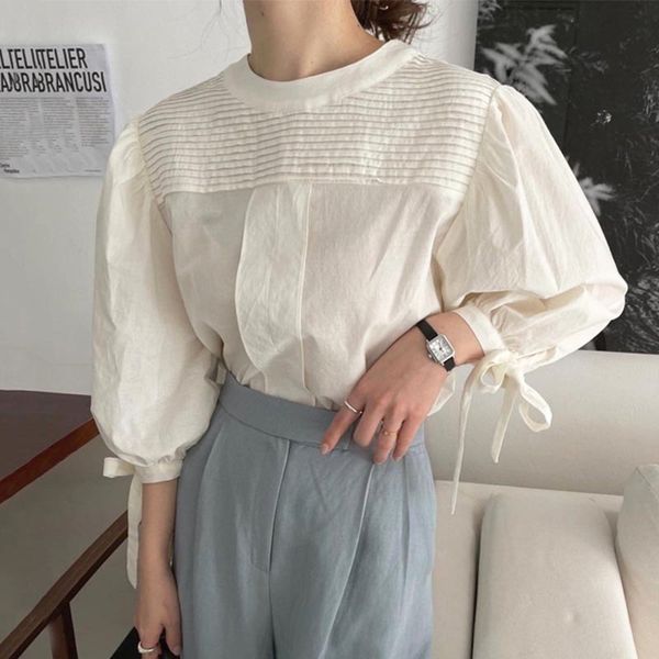 

summer fashion temperament elegant wild white o-neck pleated design loose bow tie lantern sleeve shirt 16f1056 210510