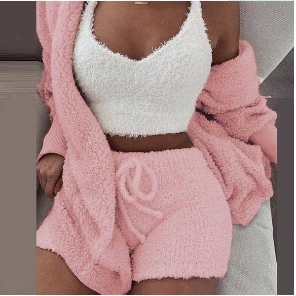 

women's two piece pants winter home 3 set including tank women plush warm casual crop shorts three top, White