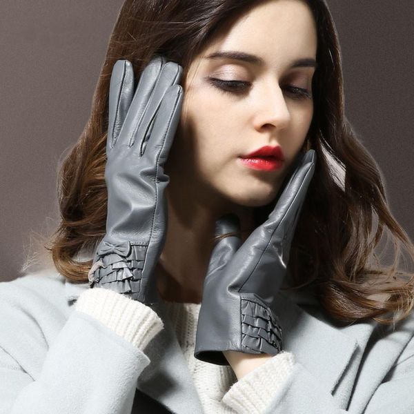 

five fingers gloves genuine sheepskin leather for women windproof thermal warm full finger classic bow glove winter mittens s2298, Blue;gray