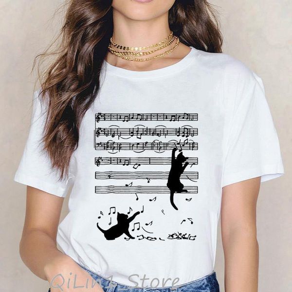 

novelty music note black womens t shirts cat animal print harajuku kawaii clothes summer female shirt tumblr graphic tees, White