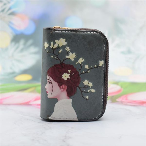 

card holders women holder wallet pu leather female case 9/18 bits+2 big position zipper cute characters bag, Brown;gray