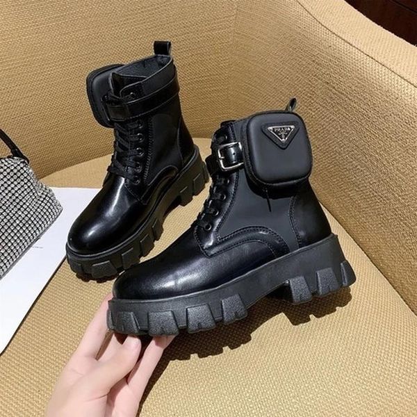 

autumn winter women's thick-soled leather boots casual fashion lace-up high, Black