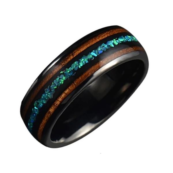 

titanium steel ring three grooves inlaid with acacia wood, Silver