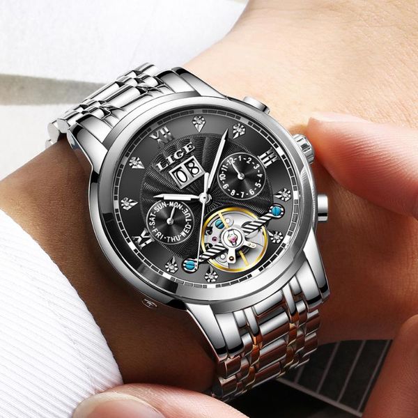 

wristwatches relogio masculino lige gray business mens watches fashion sport tourbillon automatic mechanical watch, Slivery;brown