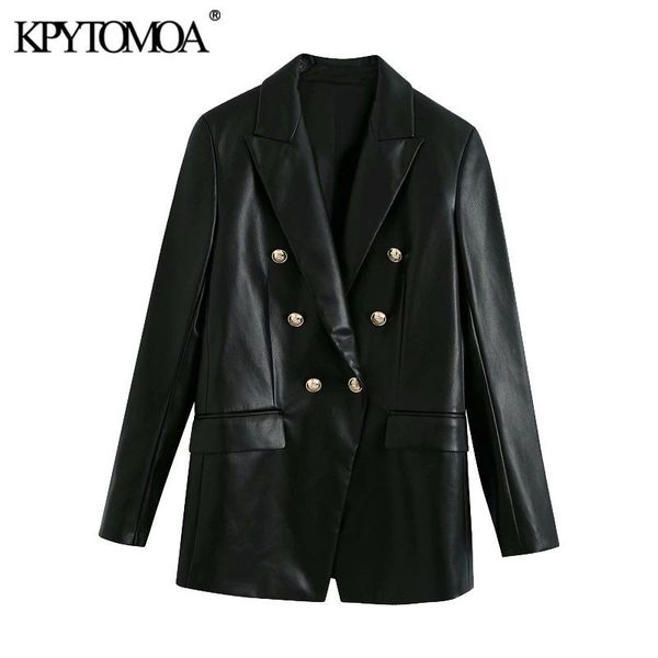 

women fashion double breasted faux leather blazers coat vintage long sleeve back vents female outerwear chic 210416, White;black