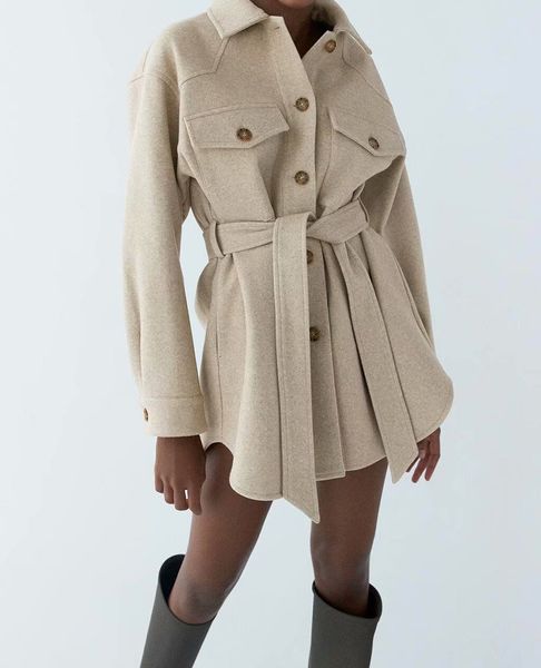 

women's jackets female wool trench blend with loose belt vintage jacket long sleeve lateral pockets outerwear female chic b368 2wdp, Black;brown