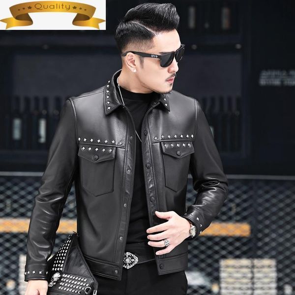 

high coat men's sheepskin quality genuine leather jacket men korean short spring autumn mens jackets 2021 veste cuir homme & faux, Black