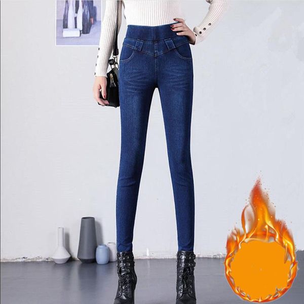 

women's jeans plus velvet thicken high waist women vintage fleece slim denim pant office lady skinny pencil winter stretch legging, Blue