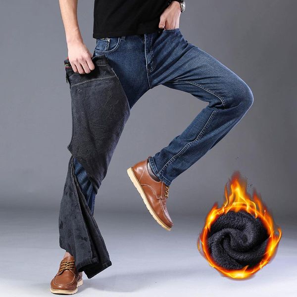 

men's jeans plush thickened straight tube loose casual elastic slim fit pants, Blue