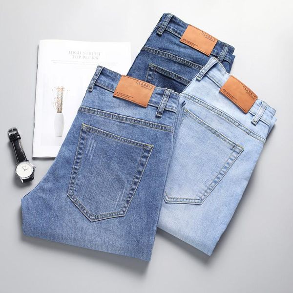 

men's jeans 2021 summer lightweight cotton breathable stretch denim pants slim straight fashion casual solid trousers male, Blue