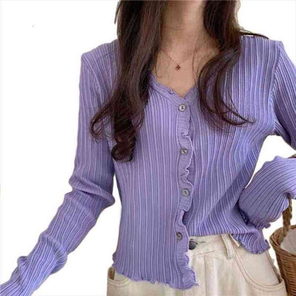 

Women Long Sleeve Buttons Womens Sweater Cardigan Ribbed Knit Ruffles Solid Crop Top F42f, White;black