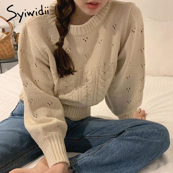 

women's sweaters syiwidii vintage hollow out criss cross woman autumn winter 2021 pullovers long sleeve o neck knitted casual jumper, White;black