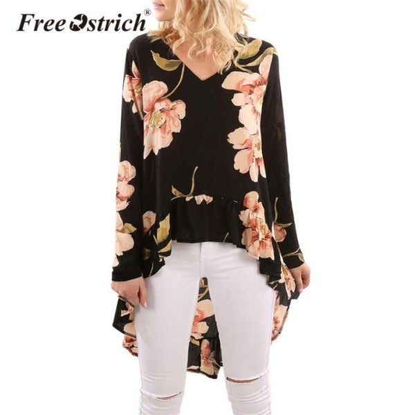 

women's blouses & shirts ostrich 2021 women long blouse floral ruffles asymmetric length v-neck ladies loose shirt n30, White