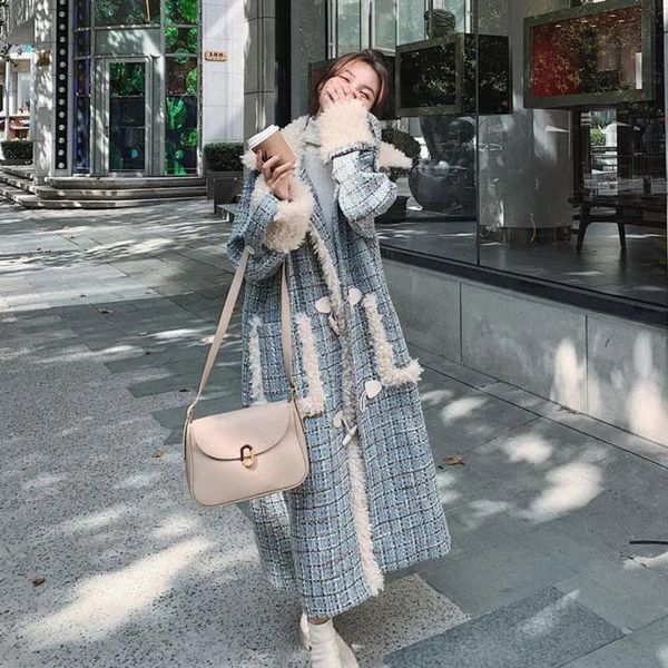 

women's wool & blends korean autumn winter trendy horn buckle plaid plush splicing woolen coat over-the-knee long loose style, Black