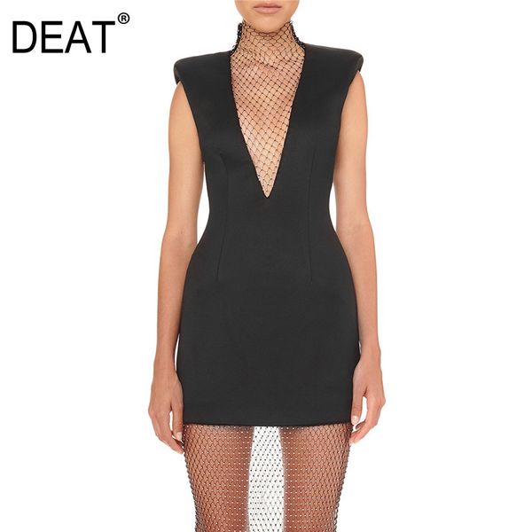

summer sleeveless v-neck deep slim high waist pullover hips dress patchwork mesh long vestido wr27801m 210421, Black;gray