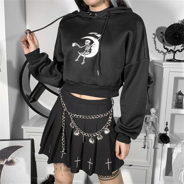 

women's hoodies & sweatshirts gothic skeleton graphic crop women black short sweatshirt 90s korean japanese style hoodie y2k emo alt ho