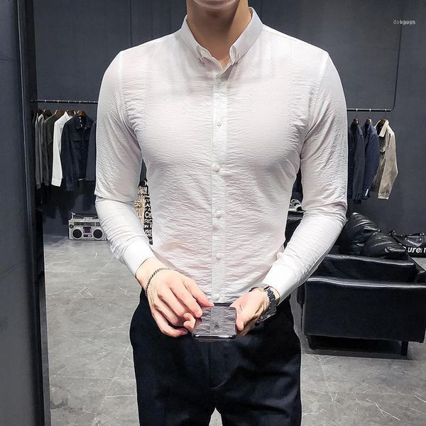 

korean slim fit men shirt long sleeve turn down collar tuxedo male embroidery casual business dress shirts 3xl1, White;black