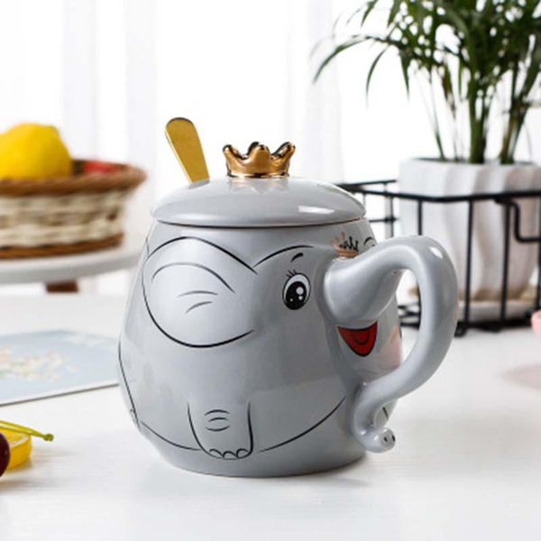 

mugs 1pcs 500ml cute 3d elephant coffee mug with lid and spoon creative cartoon animal milk juice water ceramic cup gifts for friends