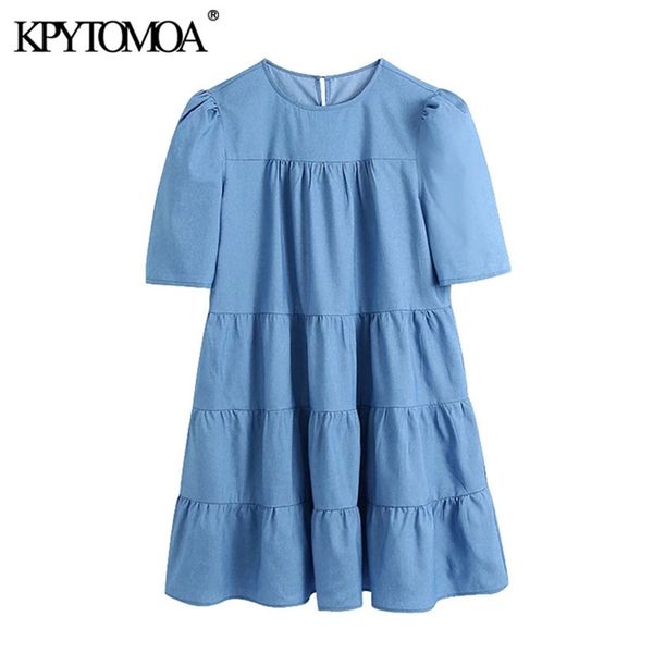

women chic fashion pleated denim mini dress vintage o neck puff sleeve female dresses vestidos mujer 210421, Black;gray
