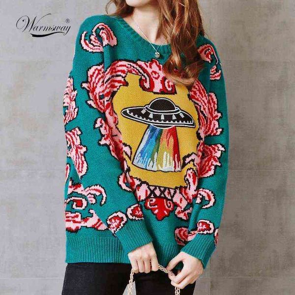 Donne New Vintage Caldo Addensare Maglioni UFO Nuvole Jacquard Pullover Autunno Inverno Lavorato A Maglia Retro Magliette Allentate Blusas C-012 Y1118