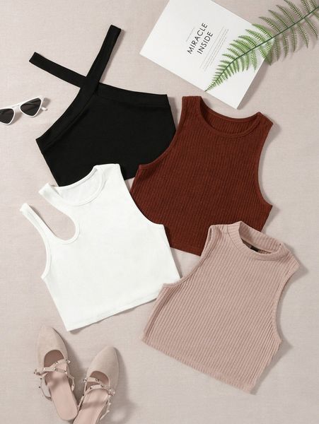 

4pcs solid ribbed crop h0nt#, White