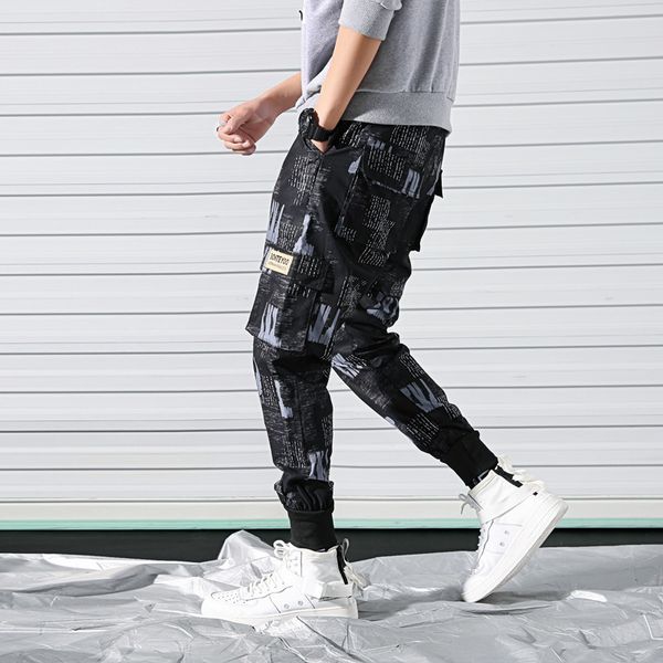 

fashion hip pants harem cargo pant men pockets streetwear print harajuku casual overalls male jogger sweatpant trousers, Black