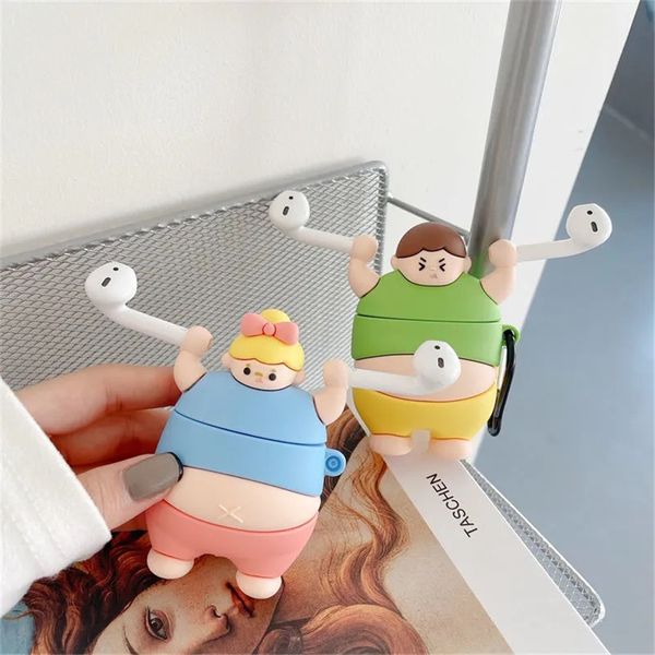 3D Cute Cartoon Sollevamento Pesi Fat Man Auricolari Bluetooth Custodie protettive in silicone per Apple Airpods 1 2 Pro Custodia morbida per cuffie