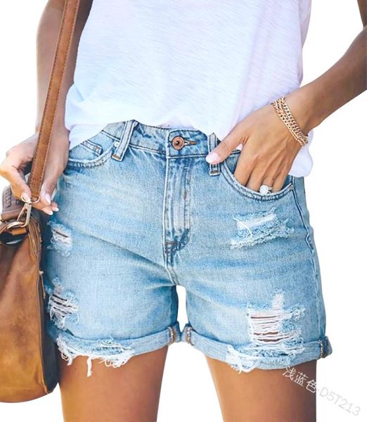 

women's jeans women shorts summer mid-waist solid color denim women's straight casual loose, Blue