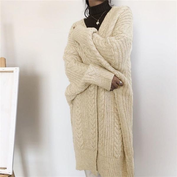 

women's knits & tees style outer wear long knitted cardigan retro fashion simple loose twist stripe long-sleeved solid color sweater ja, White