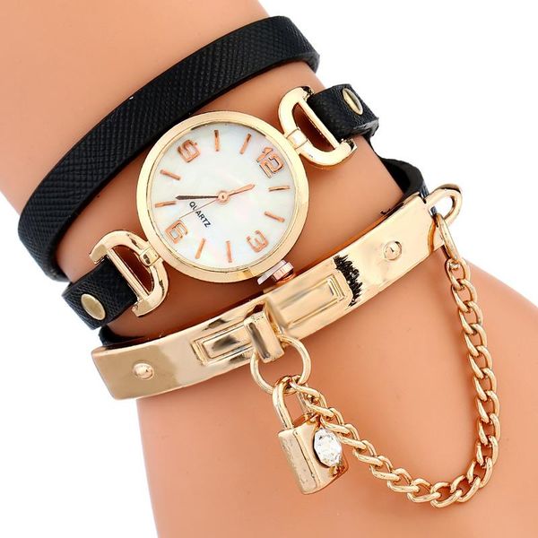 

wristwatches gnova platinum fashion strap bracelet women watch brand golden chain lock charm pu leather wrap dress quartz wristwatch a956, Slivery;brown