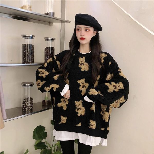 

pullover cute harajuku bear berber fleece hoody women's loose-fit outer wear mid-length lambs wool coat super fire sweaters, White;black