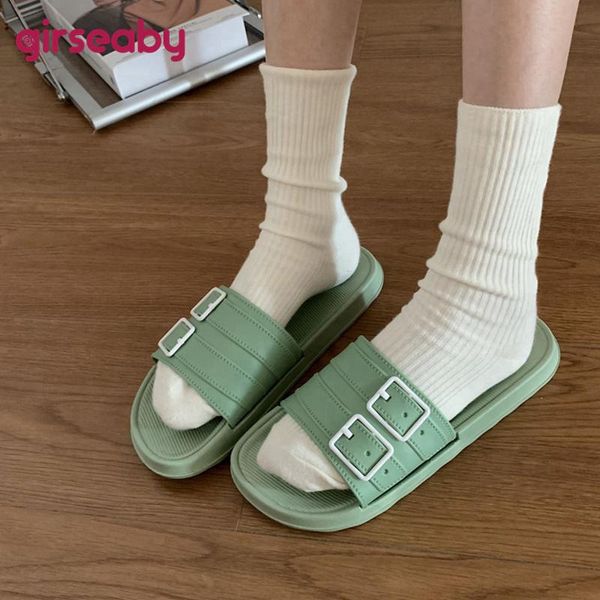 

girseaby 2021 women couple slipper open toe thick bottom buckle ins stylish simple student big size 40 casual green d594 slippers, Black