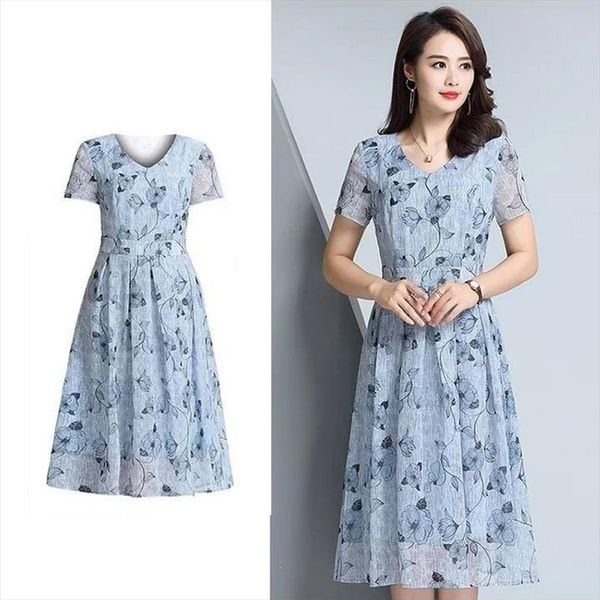 

30 a line casual floral womens dresses printed v neck short sleeve midi vestidos, Black;gray