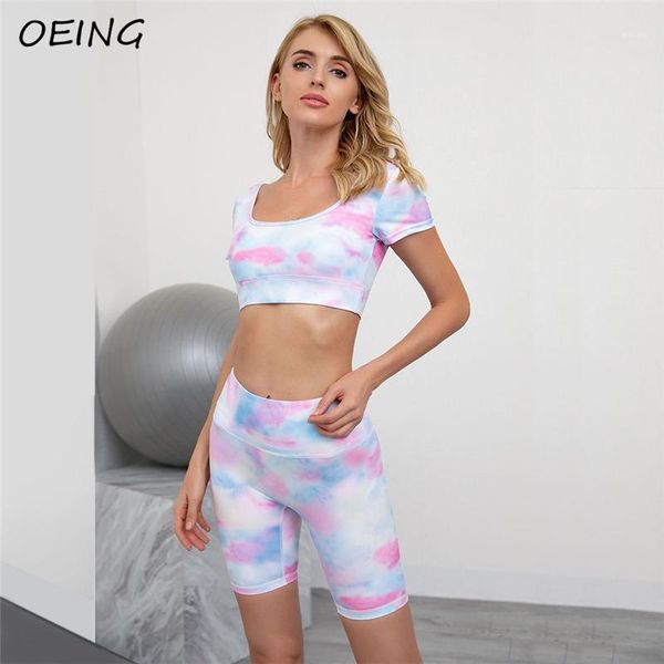 

yoga outfit fitness print short sleeve crop sets workout seamless biker shorts sport wear gym set women