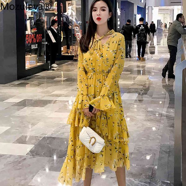 

wet casual floral ruffle pattern long dress elastic waistline female extension sleeve women's dresses the line dressed in, Black;gray