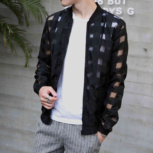 

pierced transparent bomber et 2020 sun protection clothing windbreaker summer thin plaid ets slim fit mens coats, Black