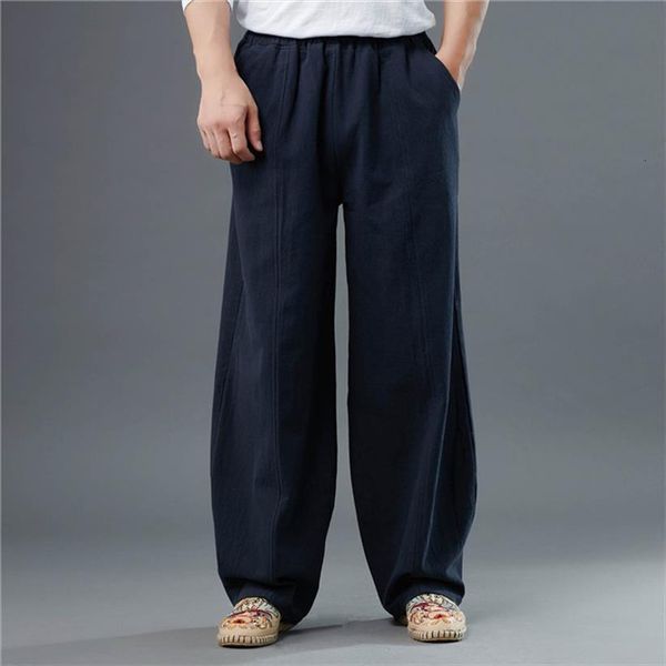 

solid cotton linen wide leg women pants casual loose breathable trousers soft joggers large size trouser m 8xl, Black