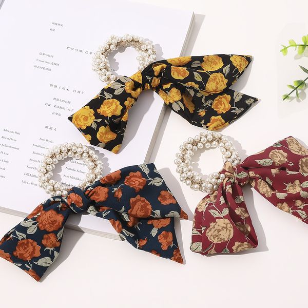 

korea ins pearl large intestine hair ring flower streamer hair rope retro sweet and cute japanese hair accessories female, Golden;silver