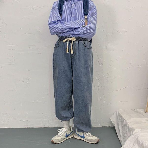 

men's jeans drawstring wide legs straight pants hong kong style loose 2021 autumn winter trousers streetwear male bottoms, Blue