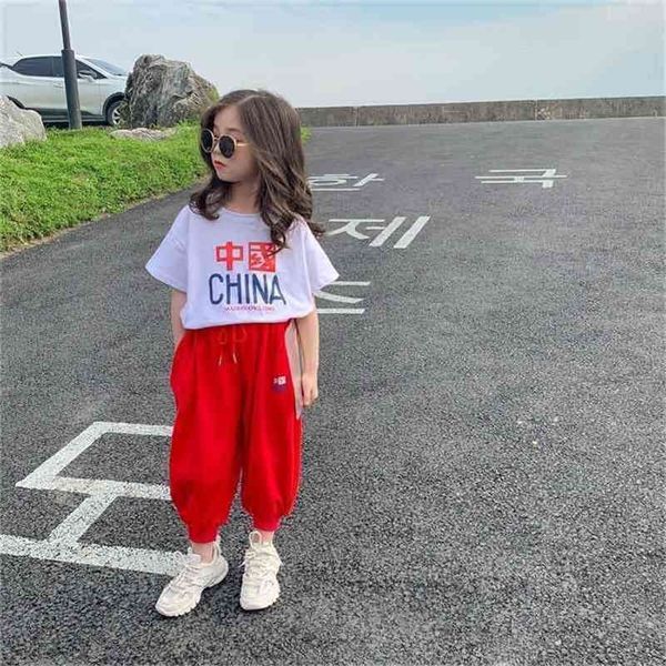

summer arrival girls fashion letter t shirt kids 2 pieces suit pants 210528, White