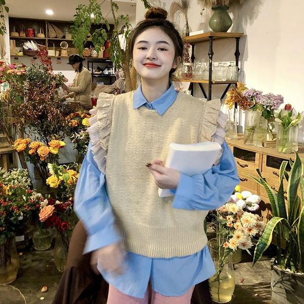 

women's vests 2021 fashion clothing knitted vest early autumn korean version feifei sleeve solid color round neck sweater, Black;white